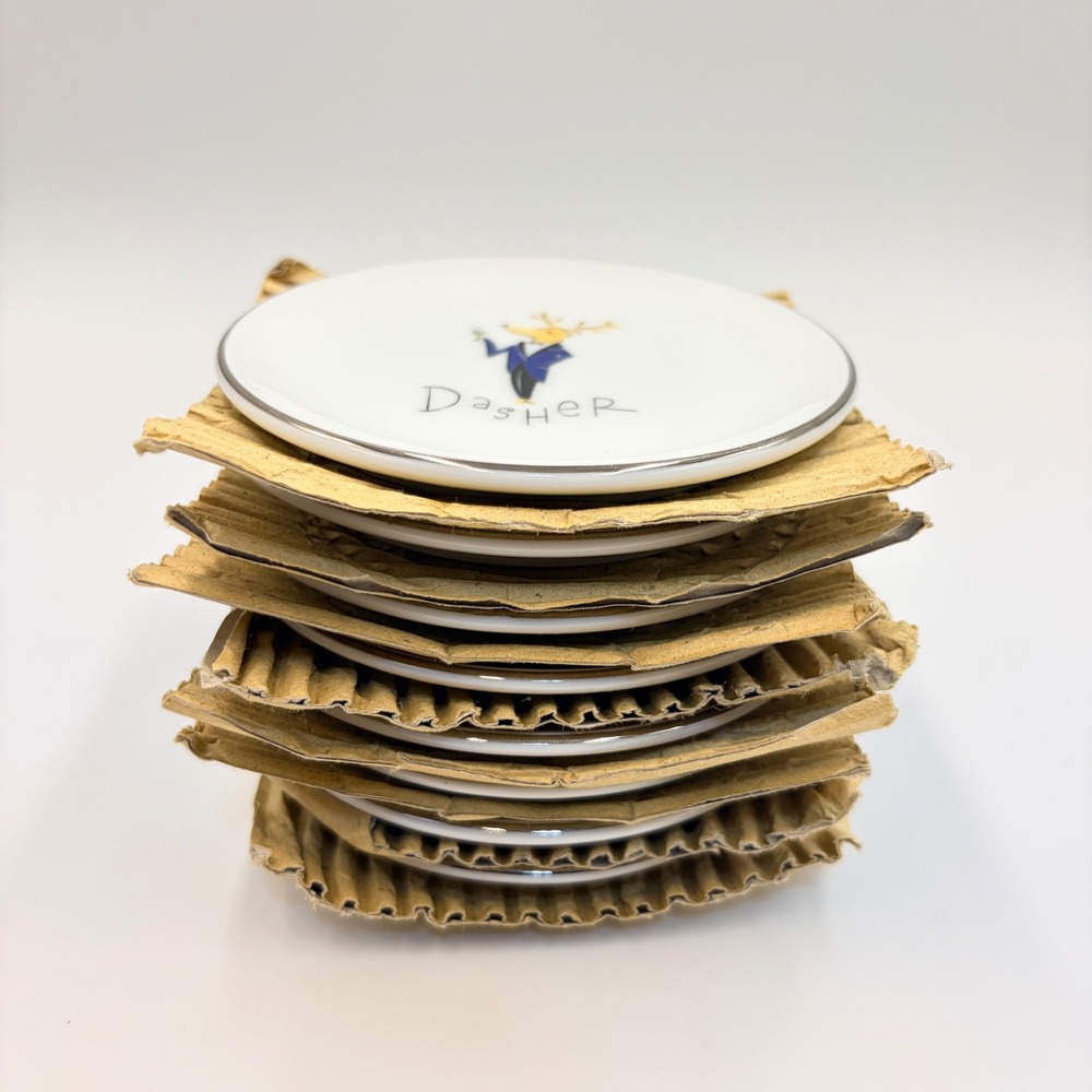 8 Pottery Barn Reindeer Appetizer Plates Coasters Christmas Holiday 4" Japan - Picture 7 of 8